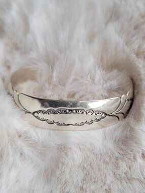 Vintage Raymond Ortiz Twinhorse Sterling Silver Hand Stamped Cuff Bracelet 26g